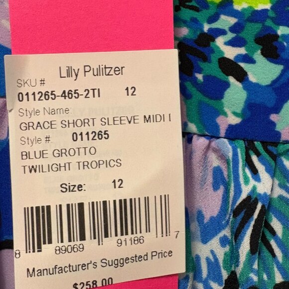 Lilly Pulitzer Grace Short Sleeve Midi Dress Blue Grotto Twilight Tropics 12 NWT - Picture 6 of 9